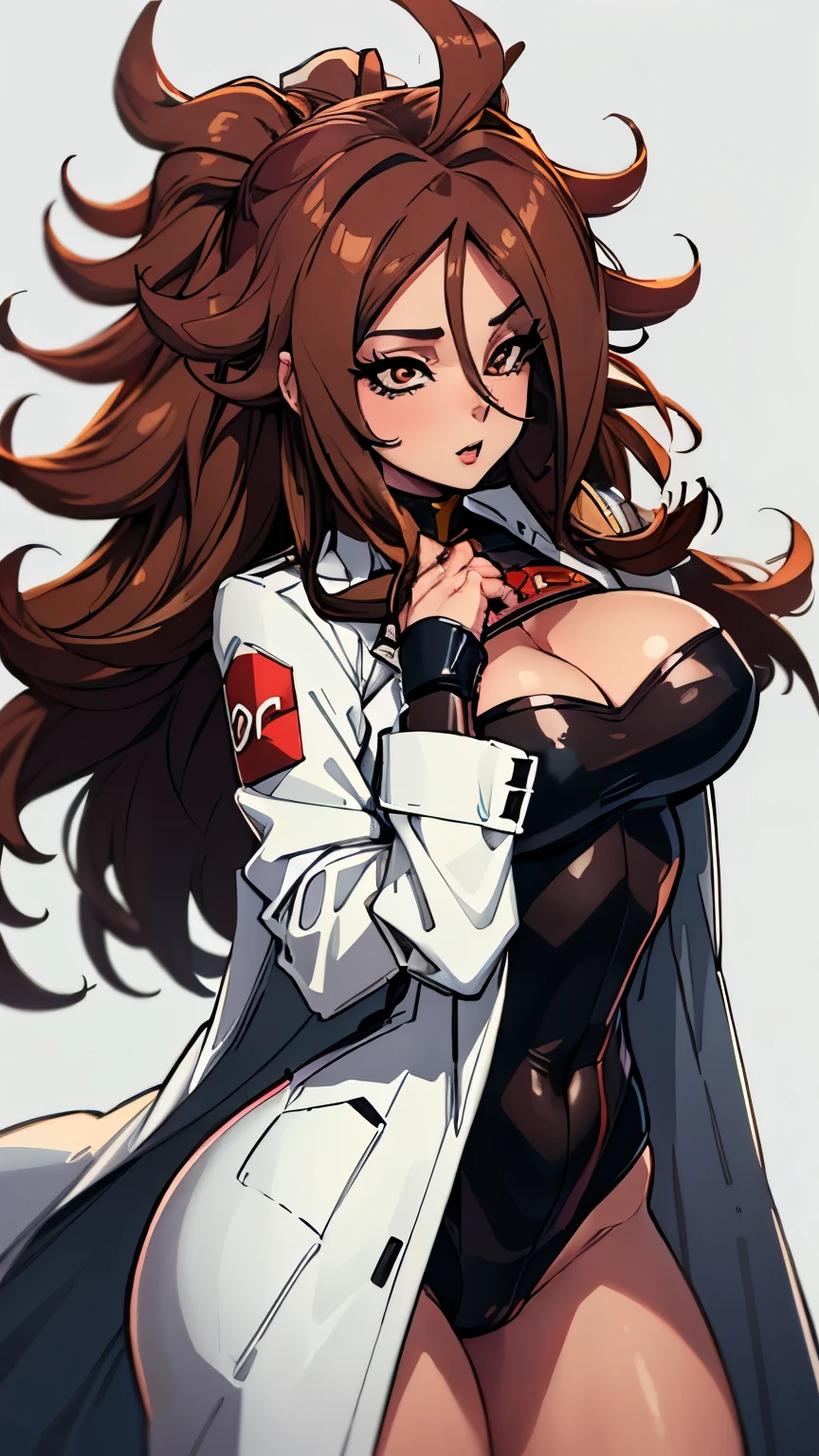 (best quality:1.3), Android 21, ), peituda, clivagem, (brown hair), sedutora, rosto sexy,  sexy, body curvy, bunda grande, (White coat)