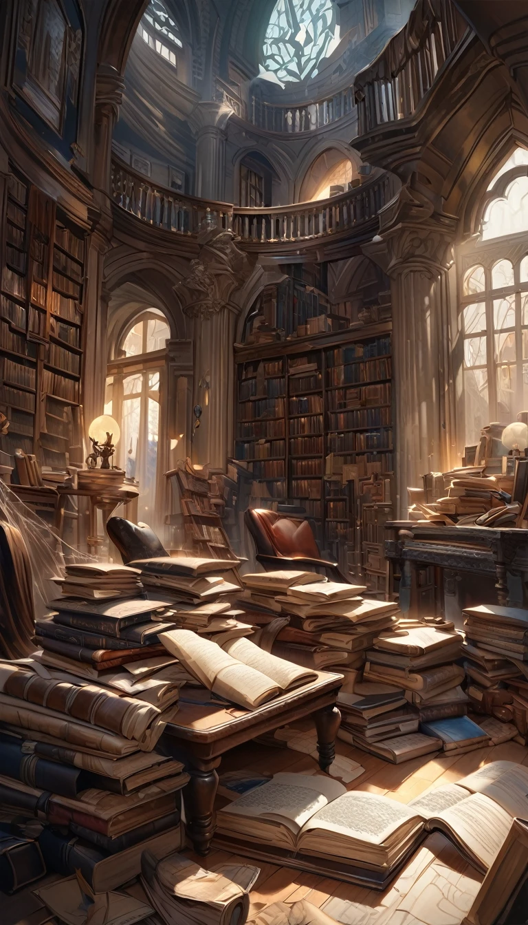 a large library with towering bookshelves, a domed ceiling, books and scrolls scattered on the floor in a state of disarray, (art inspired by Bill Sienkiewicz), oil painting, realistic, photorealistic, best quality, 8k, highres, masterpiece, ultra-detailed, vivid colors, dramatic lighting, intricate details, old weathered books, leather bound tomes, dark shadows, ornate architecture, ancient manuscripts, cobwebs, aged parchment, moody atmosphere