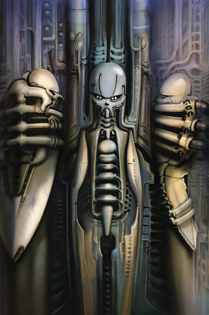 The image is a detailed view of H.R. Giger's \" Landscape XVI \" plate, featuring a complex network of bones and organs in a purple-brown hue ,swirling gray and brown colors. The artwork is silver and purplish brown, with an ivory bones prominently displayed. The image is highly detailed and intricate, almost like a 3d version of a medical diagram
The image is an artistic representation of a mechanical structure with pipes and gears, with a skeletal creature and a windmill blade.
The image depicts a surreal, anatomical illustration of a alien body with a skeleton inside, surrounded by a network of tubes and pipes.
biomechanical landscape by Hans Rudie Giger composed of fossilized and mummified alien life forms. Image depicts a strange and dreamlike, combines biological and mechanical ,managed to dreamlike quality. Centralized recognizable shapes of skulls, rib cages, and spines, all intertwined with tubes and cables. These shapes suggest fossilized mummified alien life forms. Central skeletal structures and what appears to be a ribcags of ivory in the foreground are the most identifiable organic elements. The mechanical elements are evident in the wires and tubes emanating from the skeletals, as well as the smooth metallic tubes. In the background shapes are visible that could be interpreted as other fossilized or mummified alien life.
Light source from the top highlights skeletals, upper part of foreground, lower part of image is in shadow.
The piece is a tableau, most likely created with a India ink pen or pencil on paper, determined by the thin lines, shading techniques, and the texture of the paper, which is visible around the edges.
used is pen, given the shading and variations in line weight visible in the image. One have used a variety of pencils with different degrees of hardness to achieve the shading effects