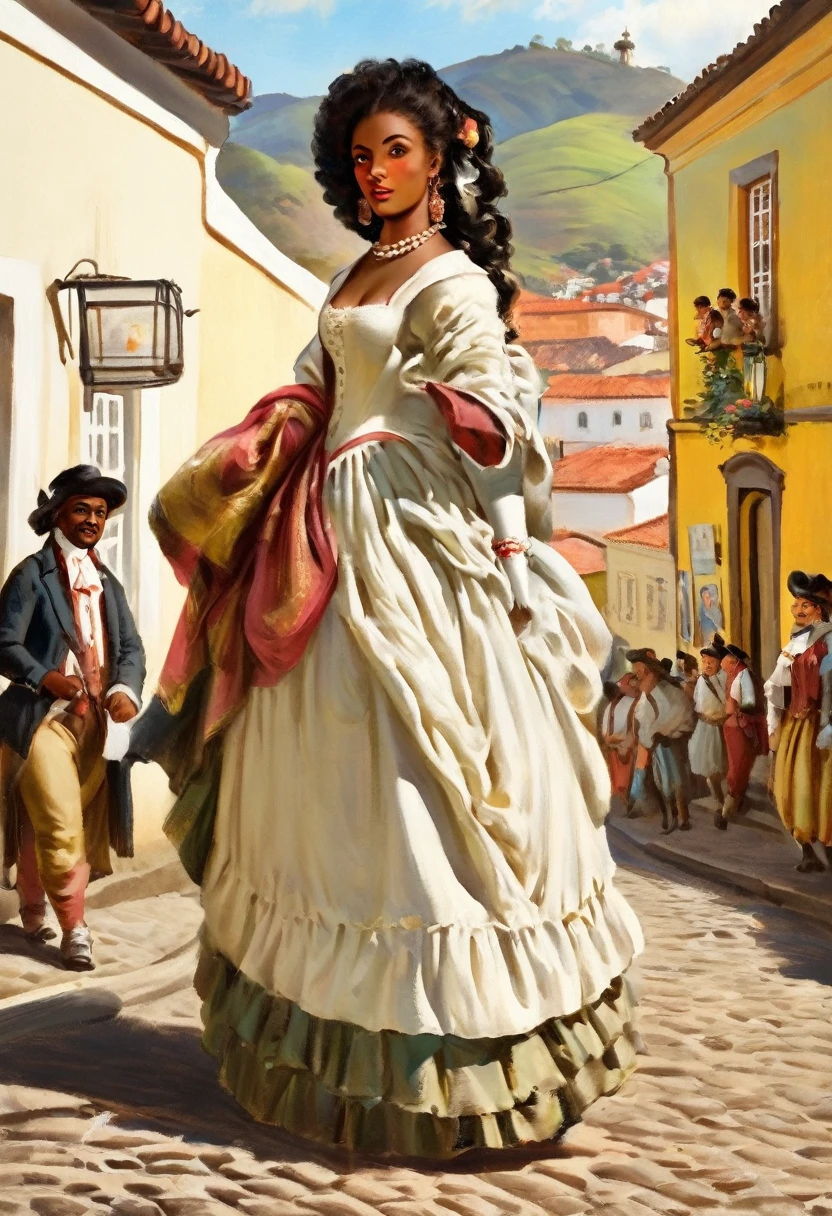 18th century 1760 black beautiful woman walking with a confident expression on a street in the city of Ouro Preto with some people looking at her beauty as she walks