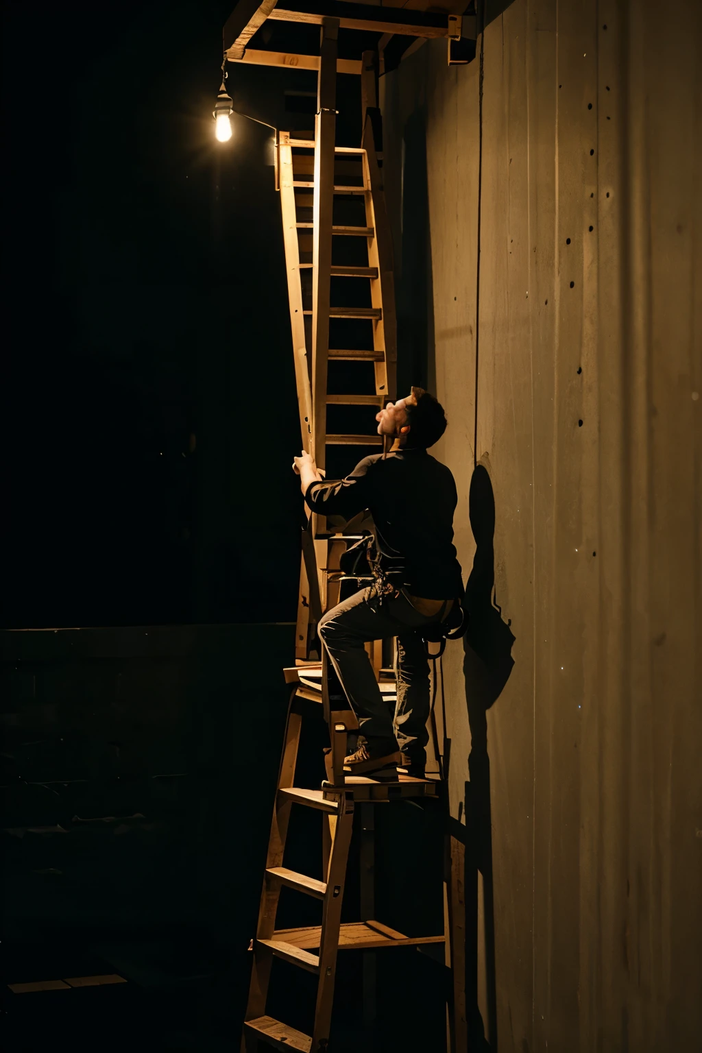 a man climbing a ladder at night 