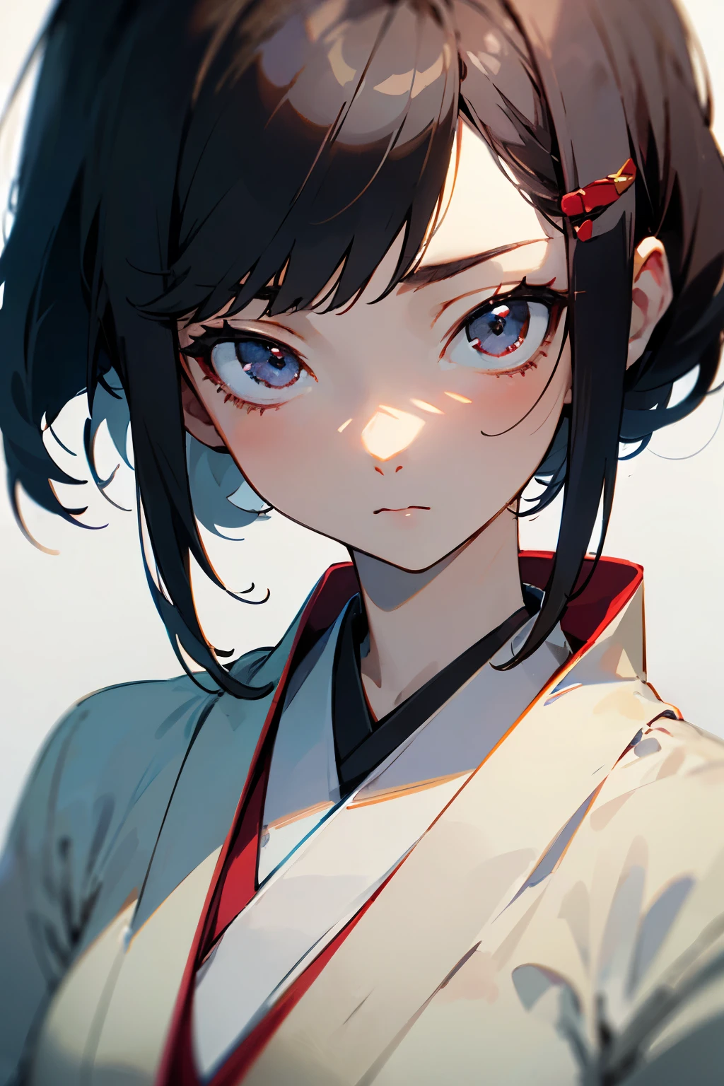 ((best quality)), ((masterpiece)), (Detailed), 1 girl, pale, black haired, japanese girl. She has a bob hairstyle. Slender body, her expression is cold. close up, sharp eyes