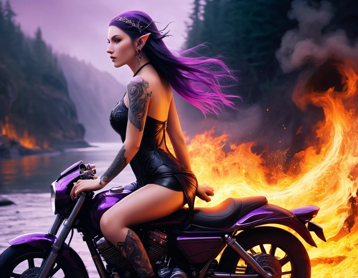 Arafed, Dark fantasy art, fantasy art, goth art, a picture of a of a tattooed female elf near her motorcycle (masterwork, best detailed, ultra detail: 1.5)  the tattoo is vivid, intricate detailed coming to life from the ink to real life, GlowingRunesAI_purple, ((fire surrounds the motorcycle: 1.5)), shot taken from the back, ((the back is visible: 1.3), she wears a transparent black dress, the dress is elegant, flowing, elven style, that the tattoos glow, dynamic hair color, dynamic hair style, high details, best quality, 16k, [ultra detailed], masterpiece, best quality, (extremely detailed), dynamic angle, full body shot, faize,, Digital Painting