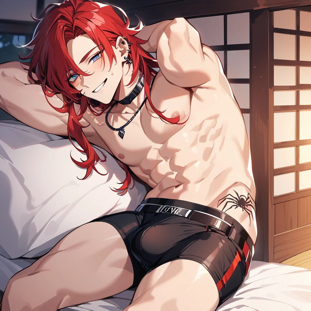 1 cute male,  looking at the camera, naughty smile, Long Red Hair to Chest Length, blue eye, Piercing na Boca, wearing no shirt, Athletic Belt, lying in the bed, japanese house , Handsome boy, hot body, wearing no shirt, black neck necklace, Athletic Belt, bulge Calvin Klain Boxer Briefs Black, hands behind head, cute male, wearing no shirt, Athletic Belt, , cute boy) hot body, spider tattoo on neck.