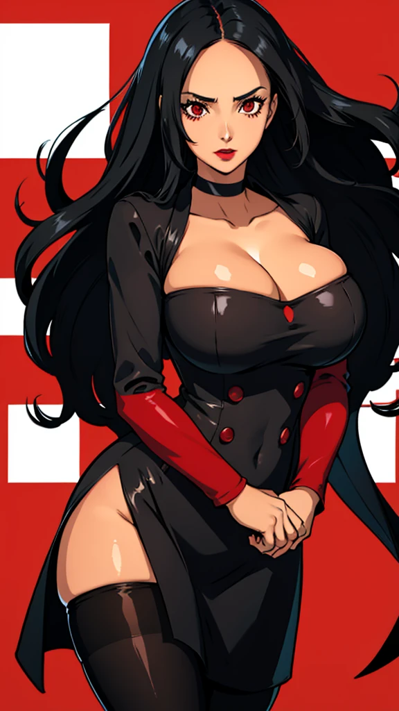 1girl, milf, large face, red eyes, long hair, forehead, black hair, black choker, huge breast, red dress, bandeau, lipstick thicc legs, pantyhose, cowboy shot