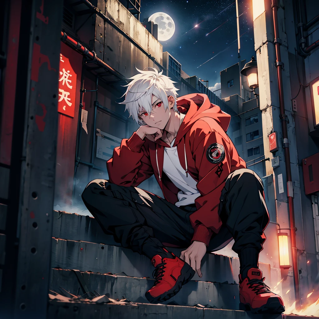 Male anime boy , short white hair, red eyes, wearing red hoodie, black cargo pants, sitting, city, night, moon and stars in sky, absurdres, high res, ultrasharp, 8K, masterpiece, looking at viewer