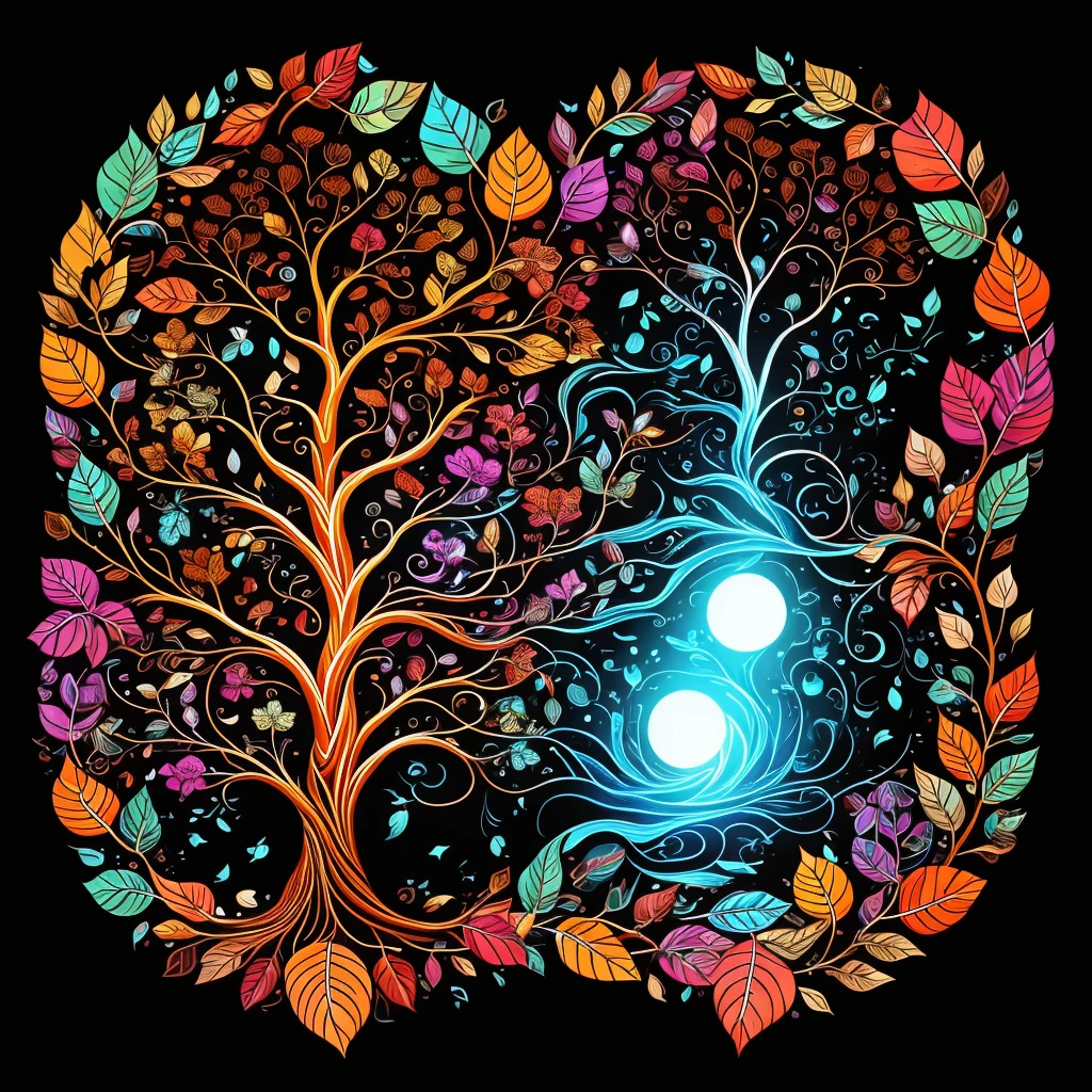 circular tree,four seasons,spring,summer,autumn,winter,leaves,roots,branches,trunk,ornate border,decorative,digital illustration,artwork,movement,time,swirling background,dark background,vibrant colors,natural,life cycle,growth,change,nature,life,peace,harmony,spirituality,symbolism,digital art,illustration,painting,graphic design,art,design,digital media,online art,visual art,fine art,fantasy