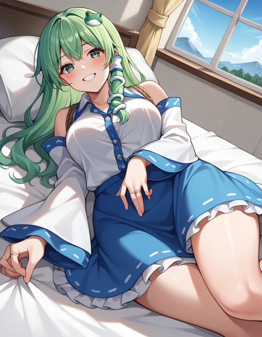 score_9, score_8_up, score_7_up, score_6_up, score_5_up, score_4_up, source_anime, rating_safe, BREAK kochiya sanae, 1girl, green hair, long hair, green eyes, frog hair ornament, hair tubes, snake hair ornament, collared shirt, white shirt, detached sleeves, wide sleeves, blue skirt, frilled skirt, smile, dutch angle, looking at viewer, facing viewer, bedroom, lying, intimate glow, aroused, from below, mountainous horizon in window, clothes are unbuttoned or pulled up, lying in bed, shibari, embarrassed, ring gag