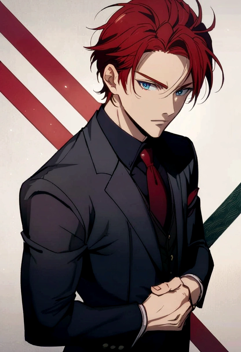 anime guy in suit and tie with red hair, anime handsome man, cute anime pose, handsome guy in demon slayer art, male anime character, male anime style, tall anime guy with blue eyes, anime portrait of a handsome man, delicate androgynous prince, cute androgynous prince, young anime man, red line anime film style, kakyoin