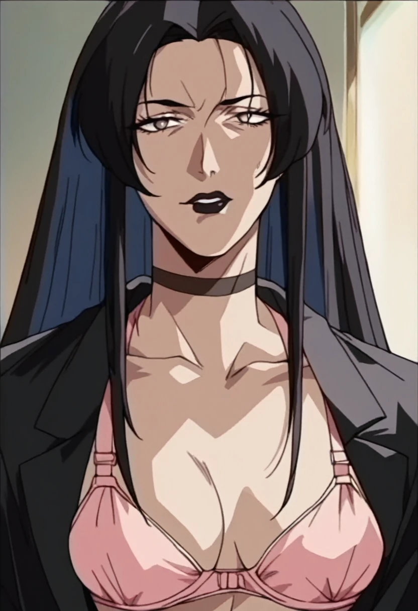 rating_explicit, beautyful mature japanese woman, slim body, slender body, black jacket,big long fringe black hair, black lipstick, pink bra, milf, black chocker