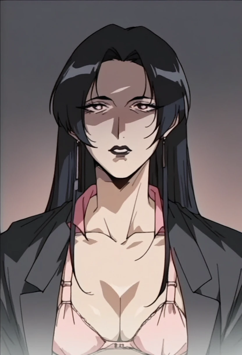 rating_explicit, beautyful mature japanese woman, slim body, slender body, black jacket,big long fringe black hair, black lipstick, pink bra, milf, black chocker