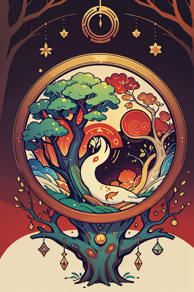 circular tree,four seasons,spring,summer,autumn,winter,leaves,roots,branches,trunk,ornate border,decorative,digital illustration,artwork,movement,time,swirling background,dark background,vibrant colors,natural,life cycle,growth,change,nature,life,peace,harmony,spirituality,symbolism,digital art,illustration,painting,graphic design,art,design,digital media,online art,visual art,fine art,fantasy