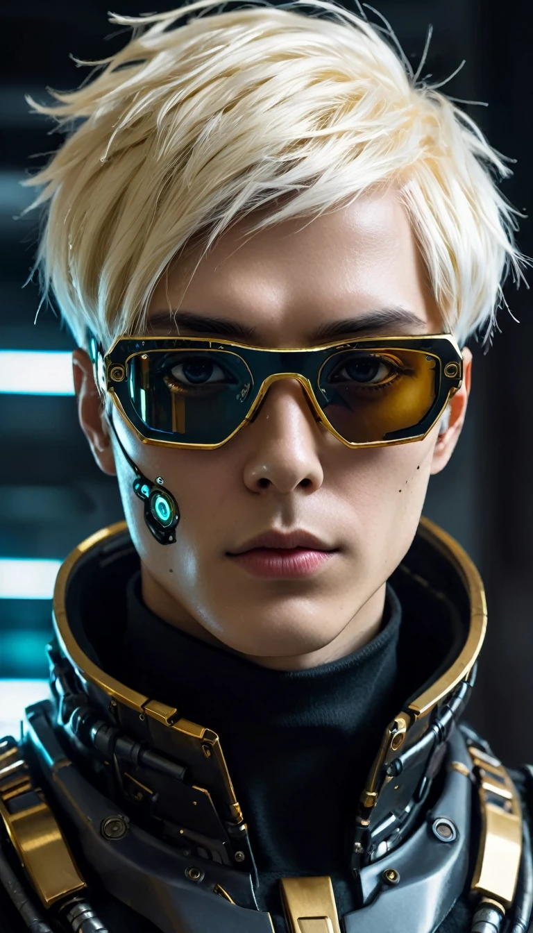 a close up of a robot man with a futuristic look on his face, Black glasses, Golden hood on head and short white hair, calvo, portrait of an android, dark cyberpunk illustration, portrait of a cyberpunk cyborg, portrait of a space cyborg, detailed portrait of a cyborg, cyberpunk artstyle, portrait of a cyberpunk machine, portrait of a cyberpunk man, deep cyberpunk mechanoid, psychedelic organic cyborg