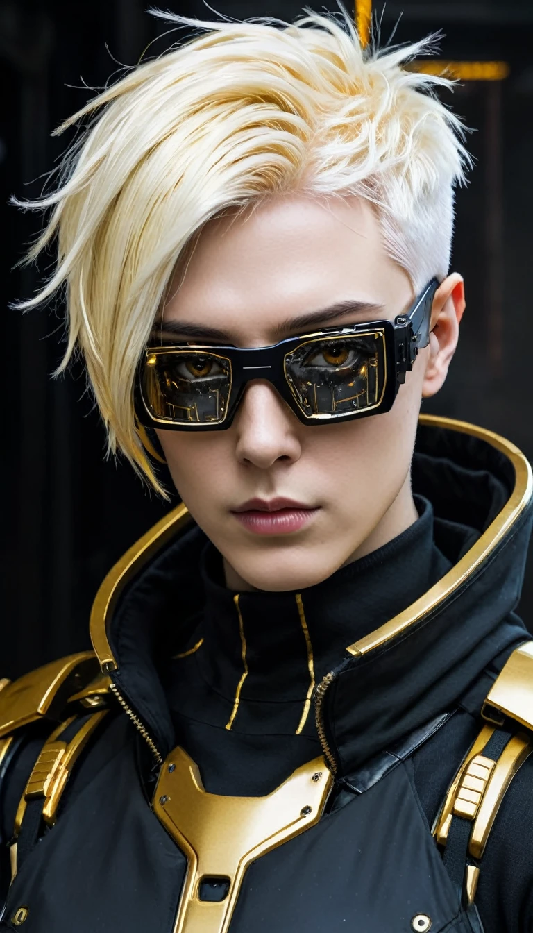 a close up of a robot man with a futuristic look on his face, Black glasses, Golden hood on head and short white hair, calvo, portrait of an android, dark cyberpunk illustration, portrait of a cyberpunk cyborg, portrait of a space cyborg, detailed portrait of a cyborg, cyberpunk artstyle, portrait of a cyberpunk machine, portrait of a cyberpunk man, deep cyberpunk mechanoid, psychedelic organic cyborg