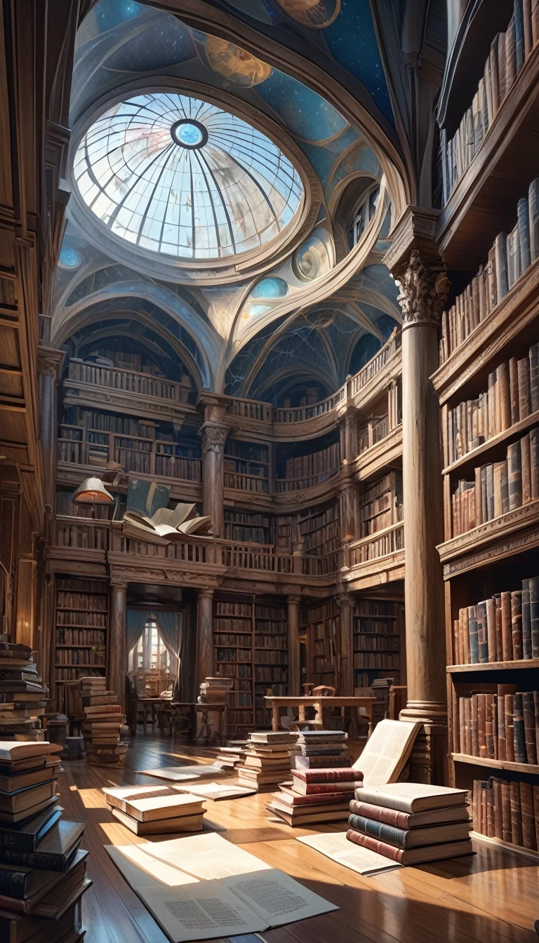a large library with towering bookshelves, a domed ceiling, books and scrolls scattered on the floor in a state of disarray, (art inspired by Bill Sienkiewicz), oil painting, realistic, photorealistic, best quality, 8k, highres, masterpiece, ultra-detailed, vivid colors, dramatic lighting, intricate details, old weathered books, leather bound tomes, dark shadows, ornate architecture, ancient manuscripts, cobwebs, aged parchment, moody atmosphere