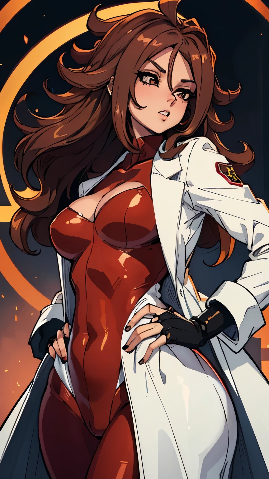 (best quality:1.3), Android 21, ), peituda, clivagem, (brown hair), sedutora, rosto sexy,  sexy, body curvy, bunda grande, (White coat)