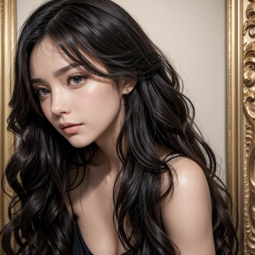 your black hair, luxurious, wavy, falls gracefully over the shoulders and flows smoothly around the face, framing it with a touch of glamor.