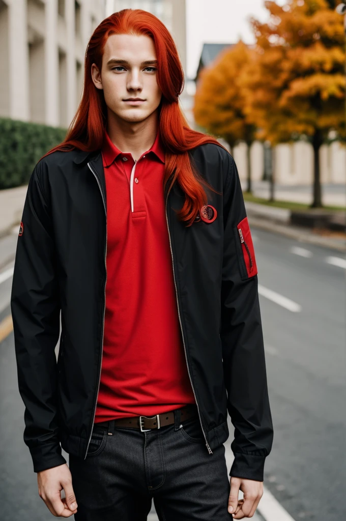 20 year old boy with long red hair, black jacket and red polo