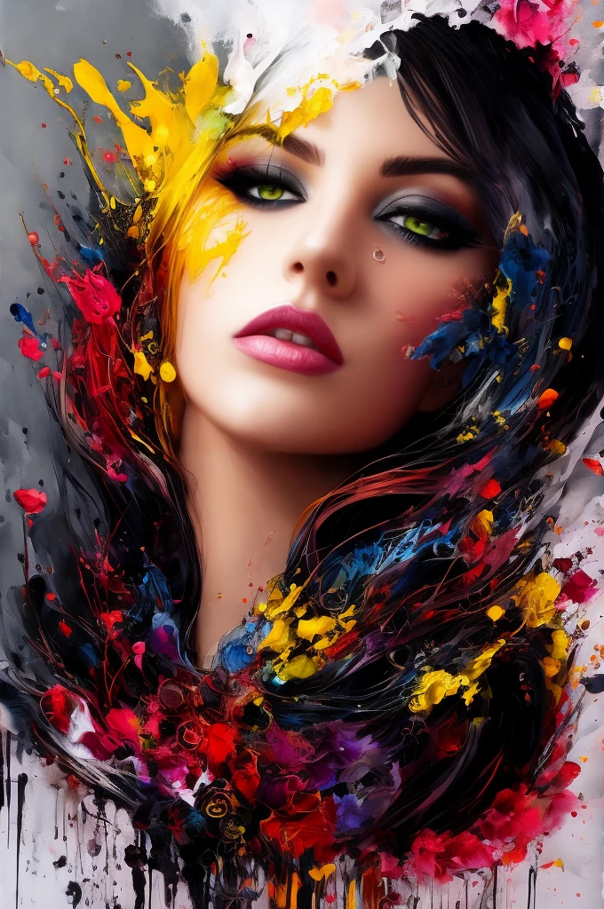 Colorful beautiful woman: Black ink flow: 8k resolution photorealistic masterpiece: by Aaron Horkey and Jeremy Mann: intricately detailed fluid gouache painting: by Jean Baptiste Mongue: calligraphy: acrylic: watercolor art, professional photography, natural lighting, volumetric lighting maximalist photo illustration: by marton bobzert: 8k resolution concept art intricately detailed, complex, elegant, expansive, fantastical, Color palette of grey to red and yellow to black,