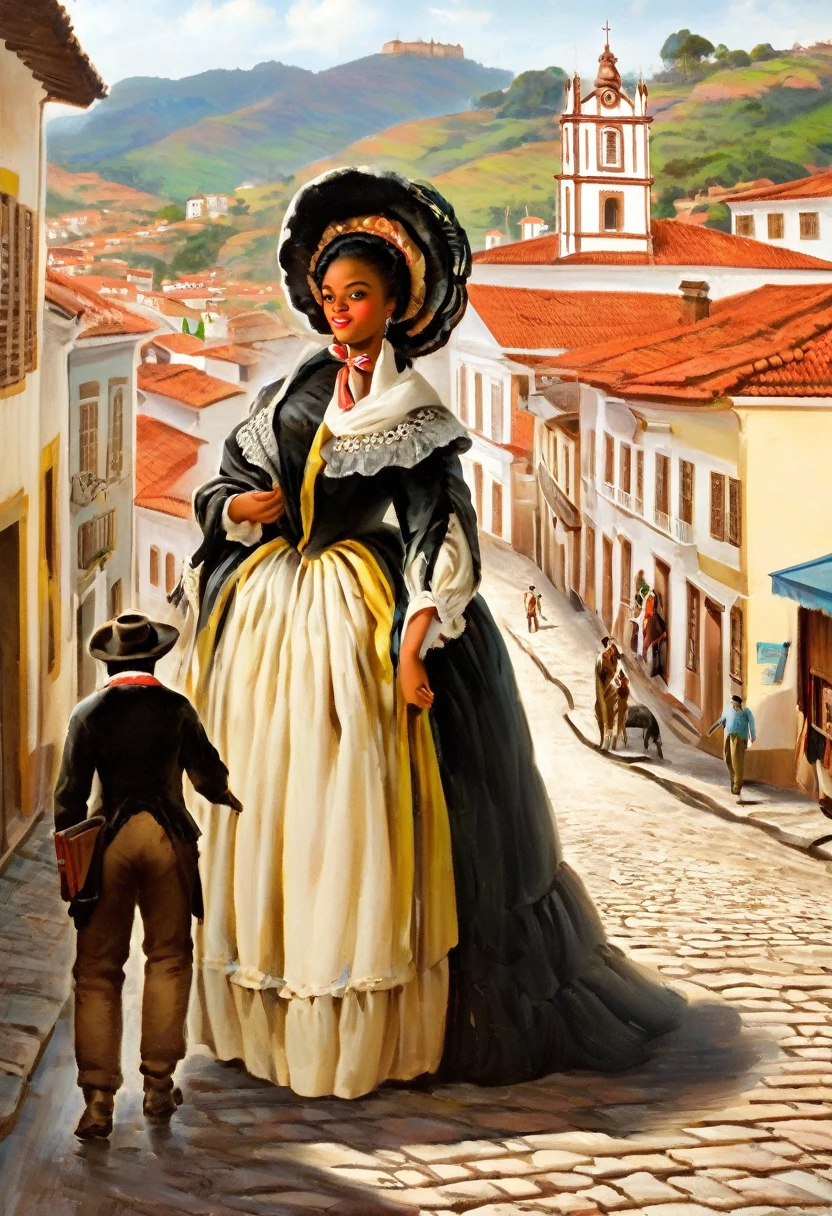 18th century 1760 black beautiful lady walking with a trusting expression on a street in the city of Ouro Preto, a man looking at her