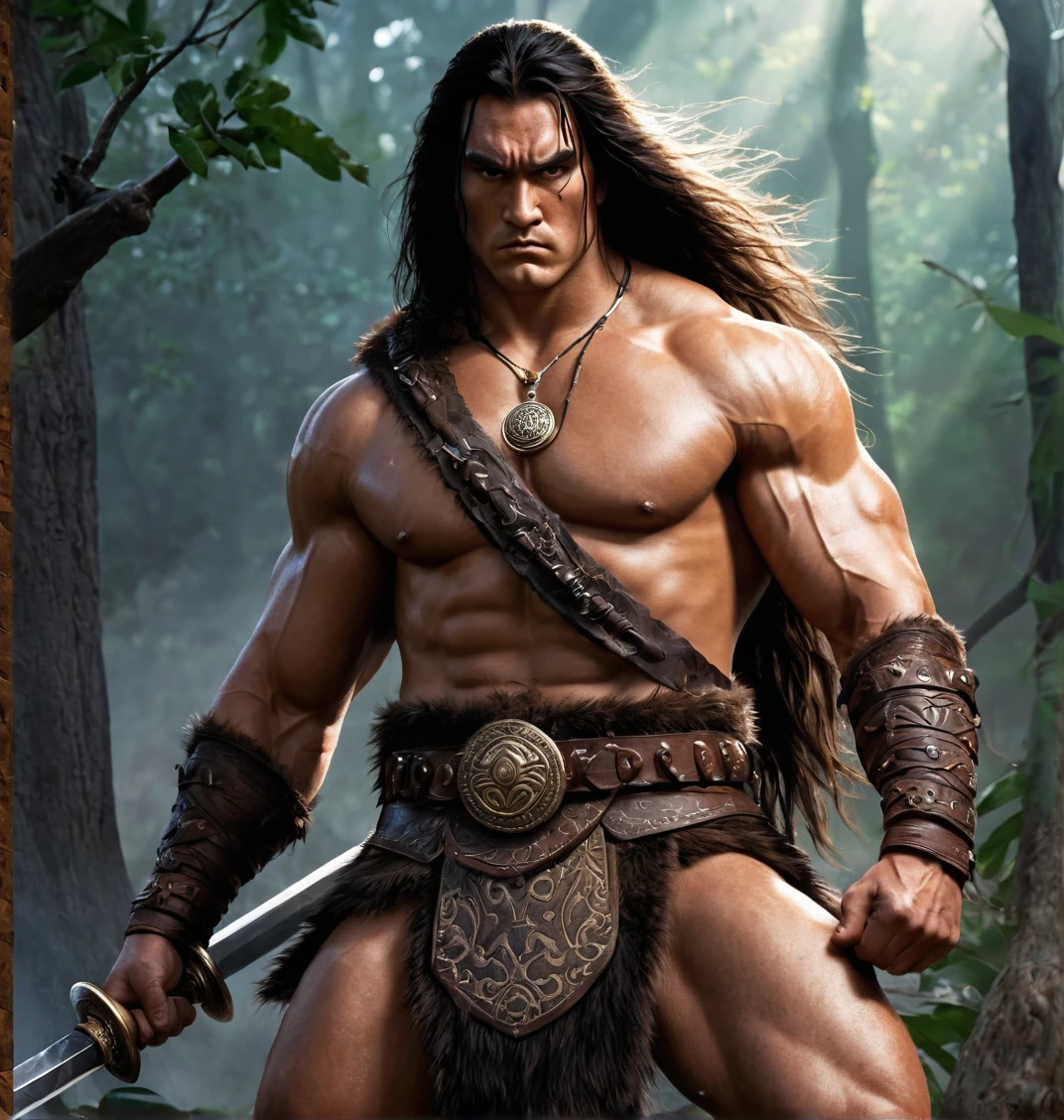 epic fantasy art, super fine illustration, high resolution, super verbose, work of art, 1 men, barbarian, Conan the barbarian, standing alone, grown-up, mellow, tall muscular man, broadshouldered, (((good looking:1.5))), long messy hair, Bblack hair, ((beautiful detailed brown eyes:1.5)), squared chin, thick neck, Thick eyebrows, the night view of the dark forest background, g-string, obi sword belt, animal fang necklace, iron ring, holding the sword, struggling pose,