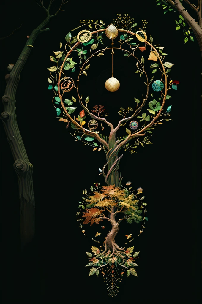 circular tree,four seasons,spring,summer,autumn,winter,leaves,roots,branches,trunk,ornate border,decorative,digital illustration,artwork,movement,time,swirling background,dark background,vibrant colors,natural,life cycle,growth,change,nature,life,peace,harmony,spirituality,symbolism,digital art,illustration,painting,graphic design,art,design,digital media,online art,visual art,fine art,fantasy