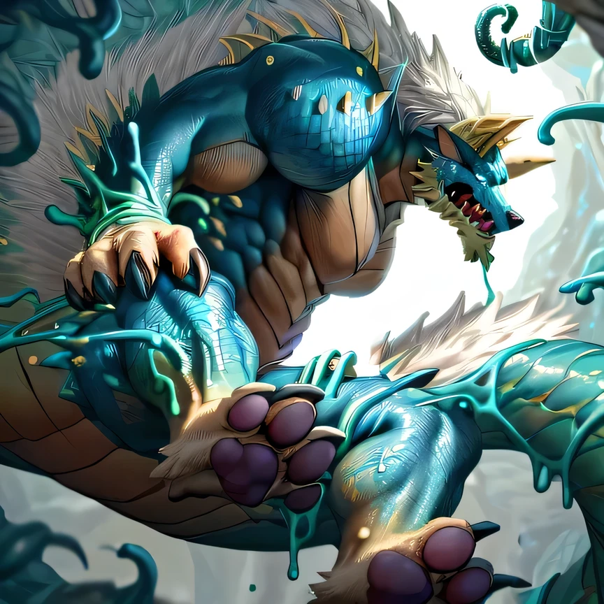 anthropology,(zinogre:1.2),Tail,((whole body,blue eyes, Blue body, White furry, Yellow Hand, Feet, Blue face,4 toes,Tail )),,muscular, whole body, (author:null-ghost,From raccoon21,masterpiece,high quality), Night Fight,((boundary)), rest (((Slime monster uses tentacles to fight dragon)),4 toes,struggle, (pain:1.3),frown,annoyed, Worry,full body,pawpads,