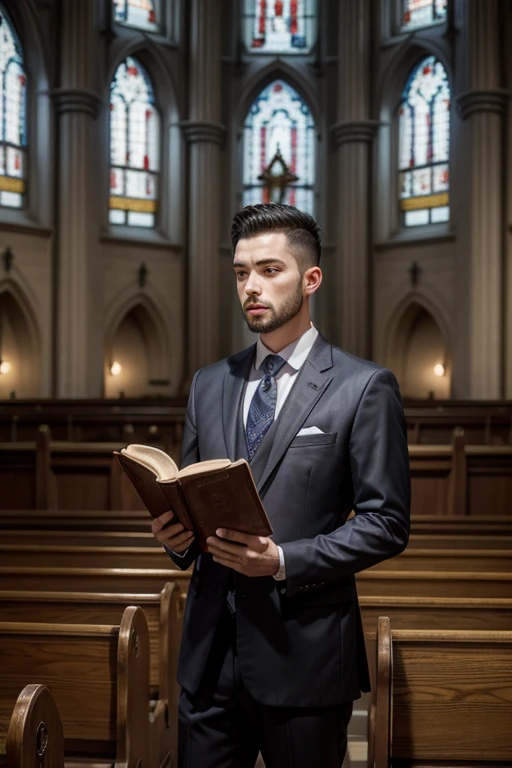 Preacher in a suit in front of a pulpit with the Bible and audience in a church