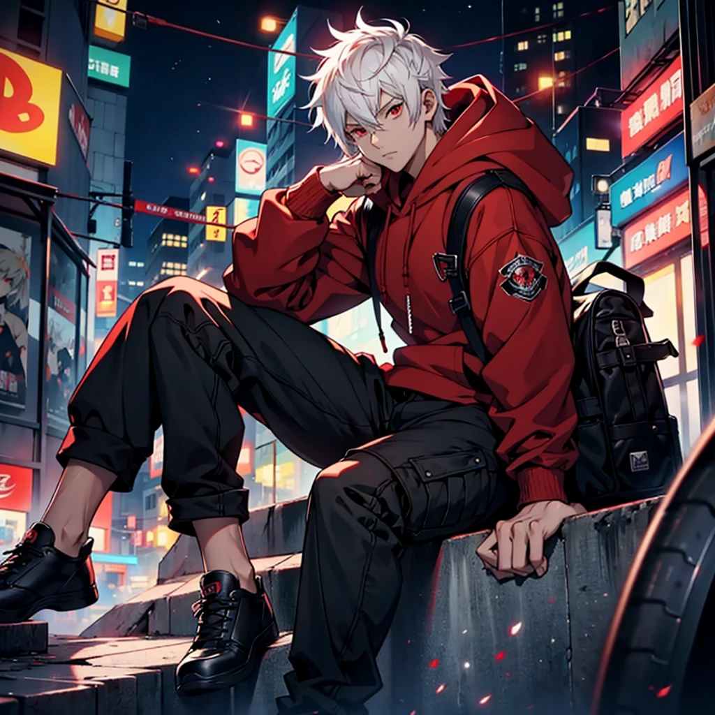 Male anime boy , short white hair, red eyes, more details on face and eyes, wearing red hoodie, black cargo pants, sitting, city, night, absurdres, high res, ultrasharp, 8K, masterpiece, looking at viewer