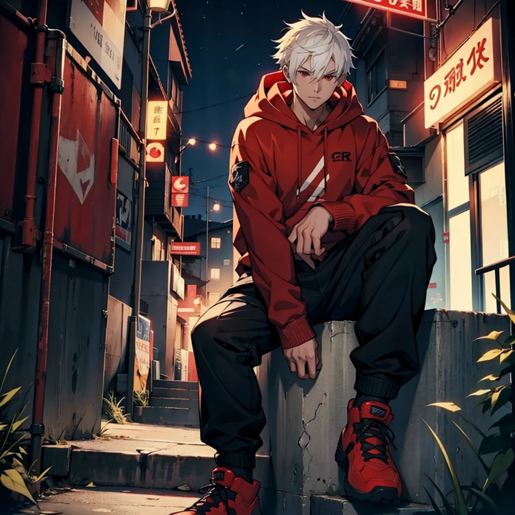 Male anime boy , short white hair, red eyes, more details on face and eyes, wearing red hoodie, black cargo pants, sitting, city, night, absurdres, high res, ultrasharp, 8K, masterpiece, looking at viewer