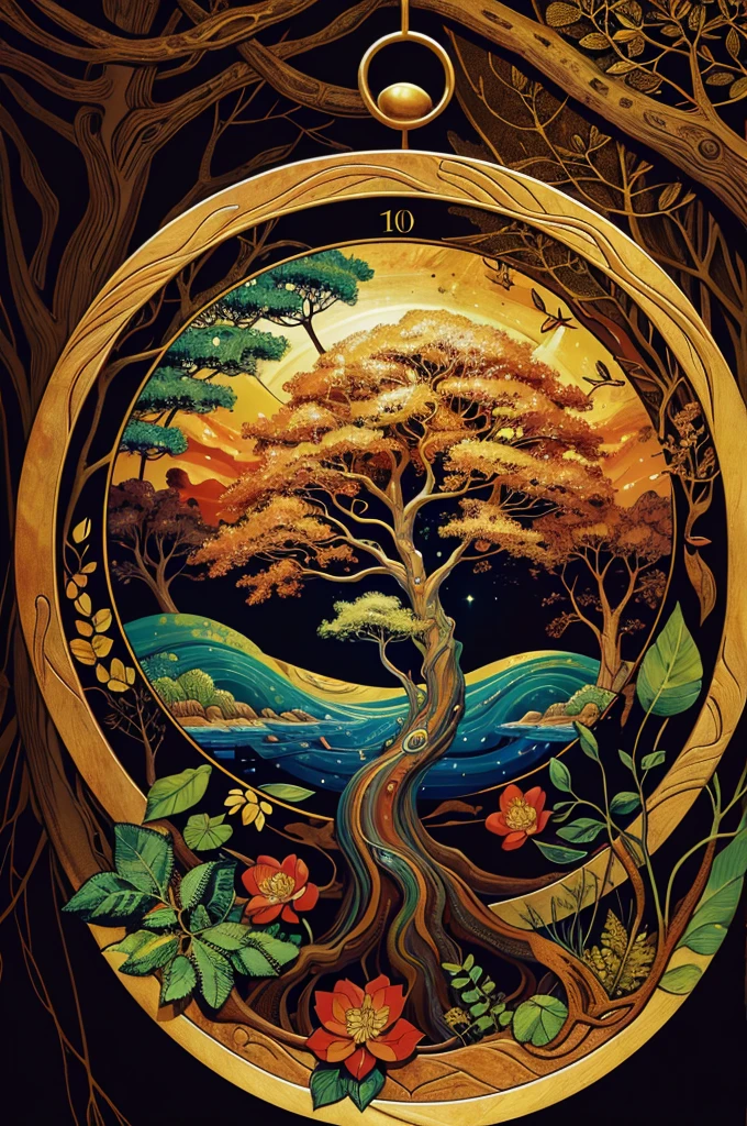 circular tree,four seasons,spring,summer,autumn,winter,leaves,roots,branches,trunk,ornate border,decorative,digital illustration,artwork,movement,time,swirling background,dark background,vibrant colors,natural,life cycle,growth,change,nature,life,peace,harmony,spirituality,symbolism,digital art,illustration,painting,graphic design,art,design,digital media,online art,visual art,fine art,fantasy