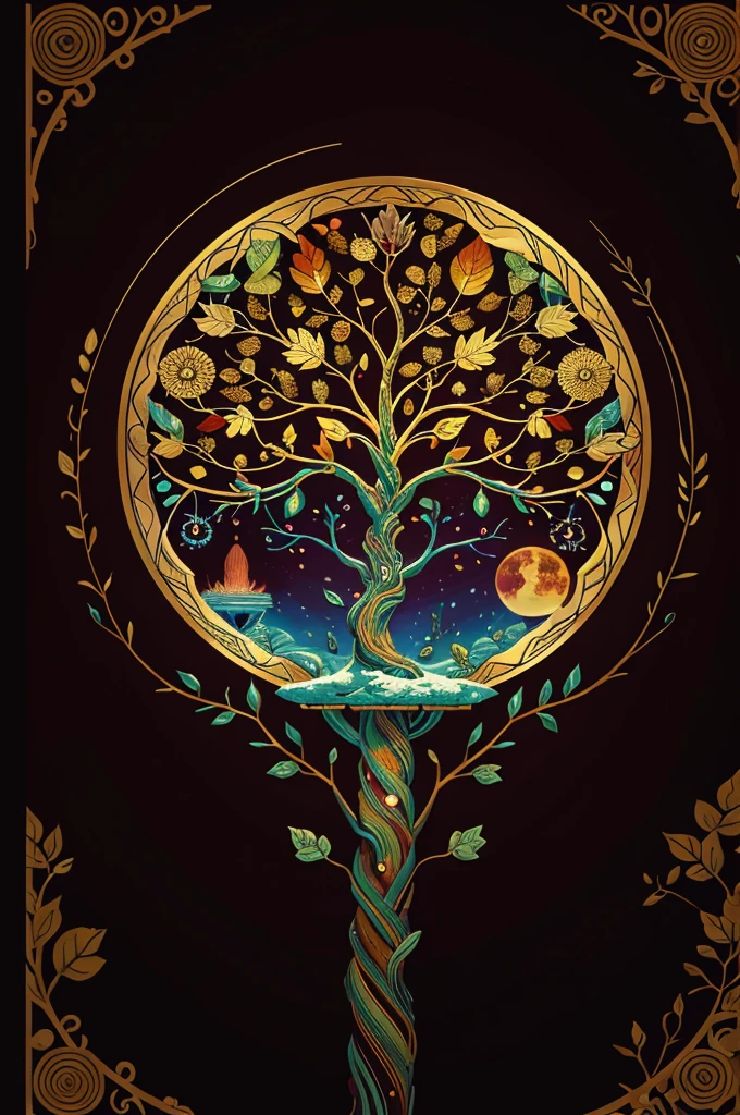 circular tree,four seasons,spring,summer,autumn,winter,leaves,roots,branches,trunk,ornate border,decorative,digital illustration,artwork,movement,time,swirling background,dark background,vibrant colors,natural,life cycle,growth,change,nature,life,peace,harmony,spirituality,symbolism,digital art,illustration,painting,graphic design,art,design,digital media,online art,visual art,fine art,fantasy