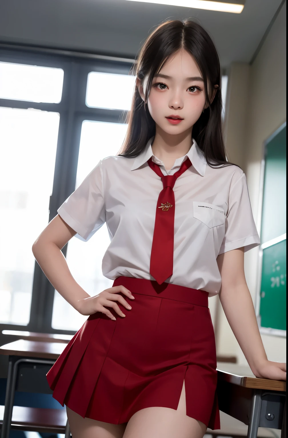 1girl, cute, 16 years old, seductive expression, look at viewer, white , red short skirt, red tie, seifuku, photo, realistic, best quality, hires, detailed face, classroom, detailed background, diffused lighting, depth of field, bokeh,sexual expression, seductive expression,armpit