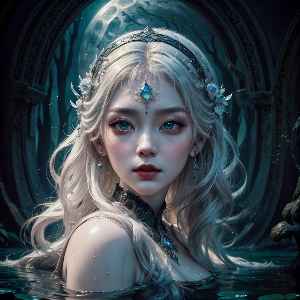 Nude woman, standing next to a pond, gothic fantasy art, Liu Zi, in low style, female dwarven woman, in a style of hyperrealism, Moonlight shining, pale light skin, Chinese princess, her irises, John Stevens, Utopian art, kids, Nude woman, standing in a body of water, In the style of Tom Bagshaw, framed in the center, a vampire nun, at the Gallery of Modern Art, award-winning 4k photography, Wonbin Lee, pale white skin, painting by old masters, Lunar background, woman with long black hair, masterpiece, Best quality, (masterpiece), (Best quality: 1.4), (Ultra high resolution: 1.2), (hyperrealistic: 1.4), (Photorealistic: 1.2) , woman standing by a pond, gothic fantasy art, in a style of hyperrealism, Moonlight shining, light pale skin, Viking Princess, her irises, John Stevens, Utopian art,  whole body art of an anime woman, Portrait of a beautiful vampire, Wang Wu, hyperrealistic, Voluptuous and exciting dollhouse, normal human ears, skin wet from water, a transparent dress, , whole body, whole body 