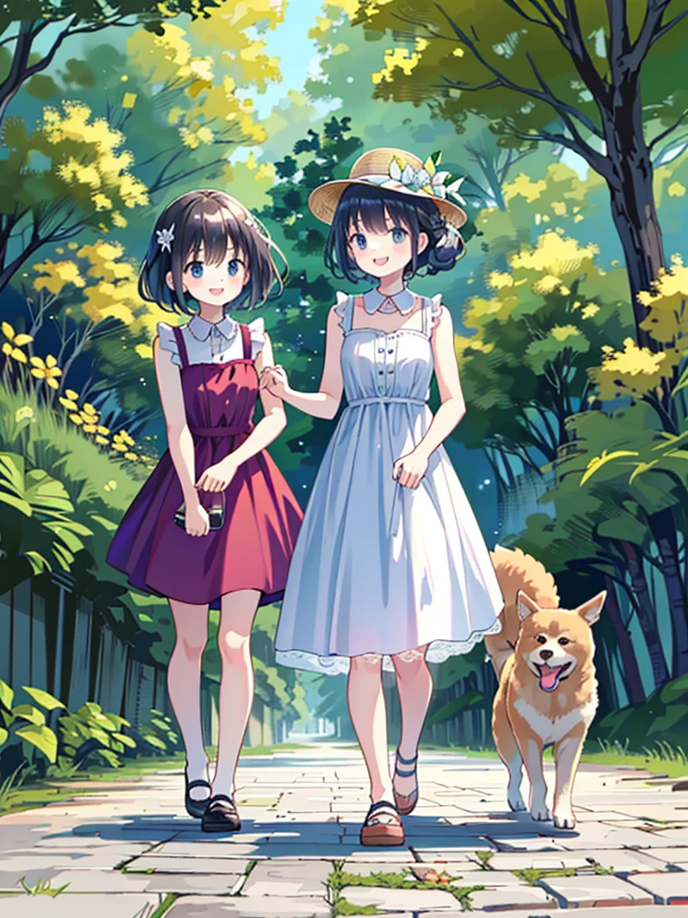 Two Girls、Very close sisters、Walk hand in hand、Having fun and being excited、They both walk with a bounce、Happy smile、A cute, cool sleeveless dress、Dogs walking side by side、(Quadrupedal Dog、Very large dog:1.4、Same height as her sister、Bushy white hairs、She is very kind and cares for her sisters.)、Nothing in my hands、Watching the audience、