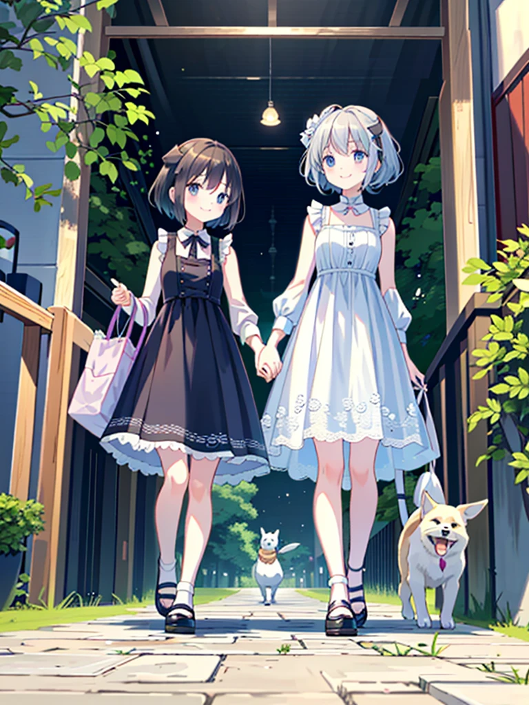 Two Girls、Very close sisters、Walk hand in hand、Having fun and being excited、They both walk with a bounce、Happy smile、A cute, cool sleeveless dress、Dogs walking side by side、(Quadrupedal Dog、Very large dog:1.4、Same height as her sister、Bushy white hairs、She is very kind and cares for her sisters.)、Nothing in my hands、Watching the audience、