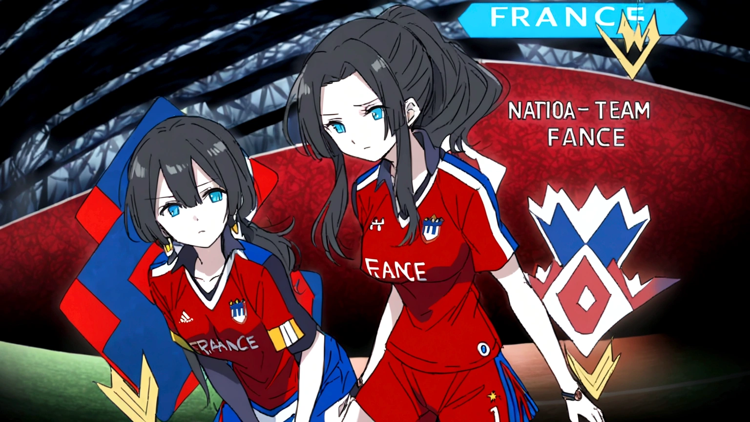 (anime,2D)Women,soccer player,black fur,wide,fringe,collected in a ponytail,clear skin,Light blue eyes,France national team clothing, In a soccer field.