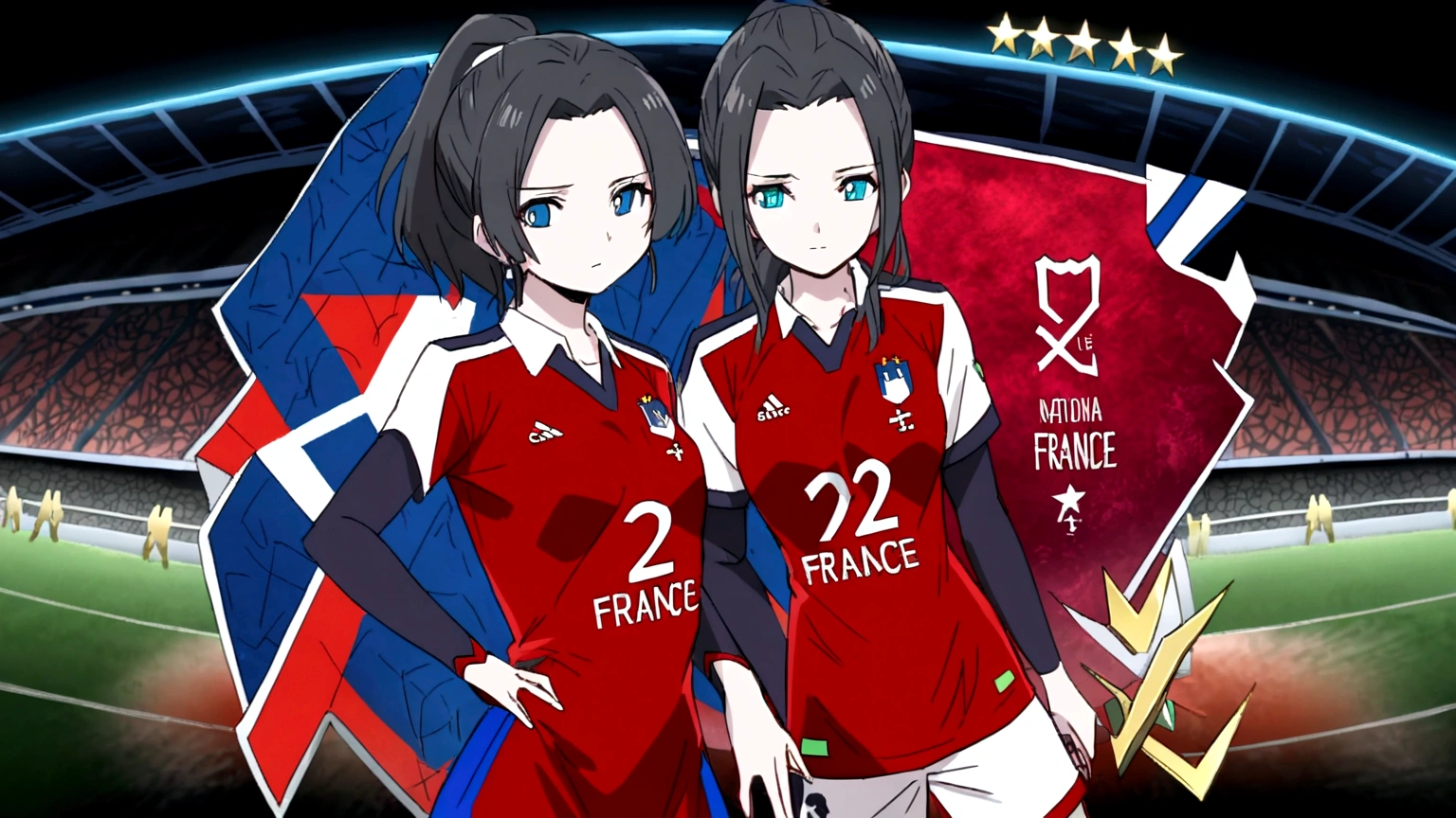 (anime,2D)Women,soccer player,black fur,wide,fringe,collected in a ponytail,clear skin,Light blue eyes,France national team clothing, In a soccer field.