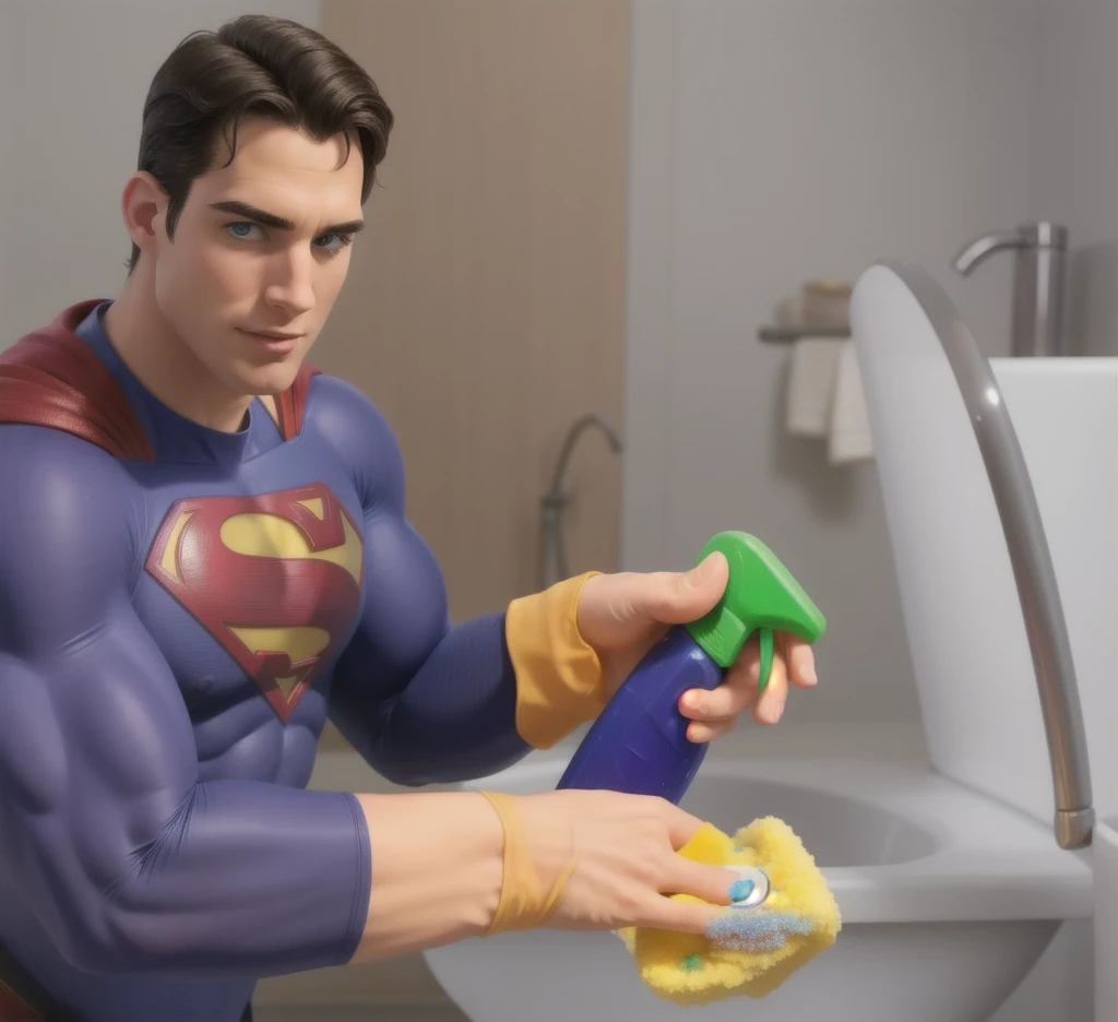 superman cleaning the bathroom, fat obese black man at the door