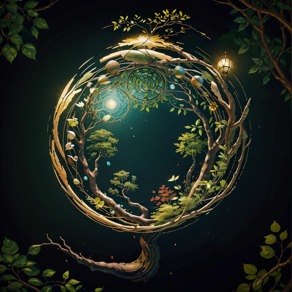 circular tree,four seasons,spring,summer,autumn,winter,leaves,roots,branches,trunk,ornate border,decorative,digital illustration,artwork,movement,time,swirling background,dark background,vibrant colors,natural,life cycle,growth,change,nature,life,peace,harmony,spirituality,symbolism,digital art,illustration,painting,graphic design,art,design,digital media,online art,visual art,fine art,fantasy