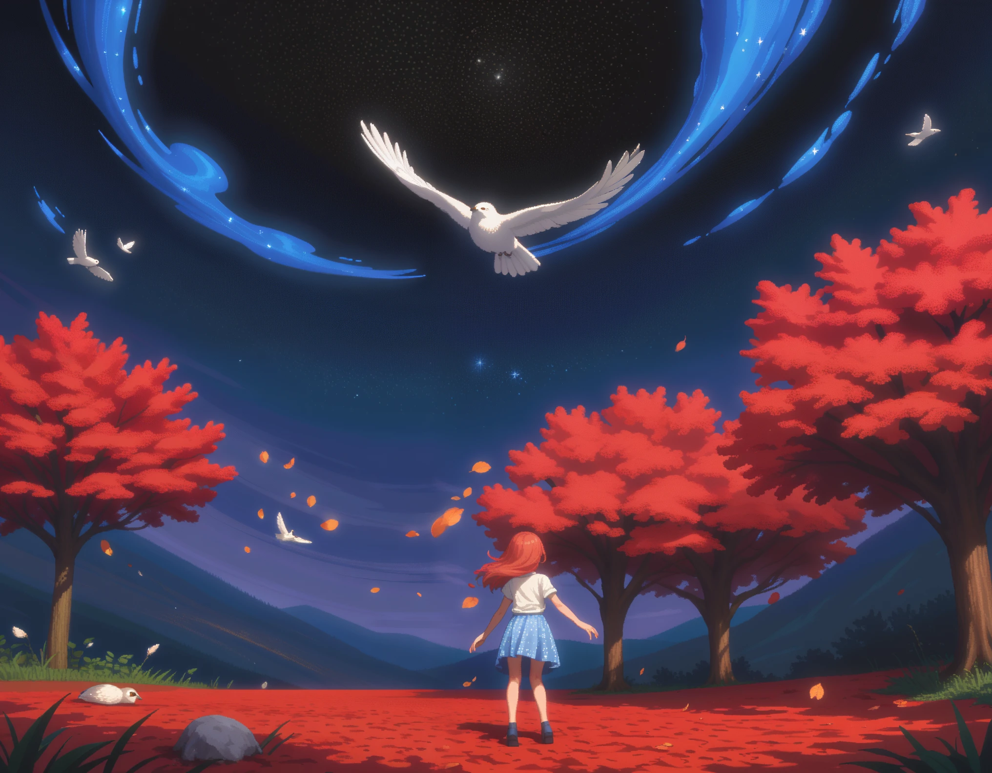 score_9, score_8_up, score_7_up, score_6_up,  source_anime,
cosmic, floating hair, floating clothes, motion blur, wind, wind lift, falling leaves, bird, 
d3p1x3l, pixel art, cr33p, 