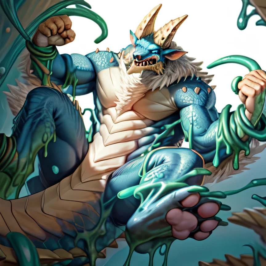 anthropology,(zinogre:1.2),Tail,((whole body,blue eyes, Blue body, White furry, Yellow Hand, Feet, Blue face,4 toes,Tail )),,muscular, whole body, (author：null-ghost,From raccoon21,masterpiece,high quality), Night Fight,((boundary)), rest (((Slime monster uses tentacles to fight dragon))，4 toes，struggle, (pain:1.3)，frown，annoyed, Worry,full body,pawpads,((horns))