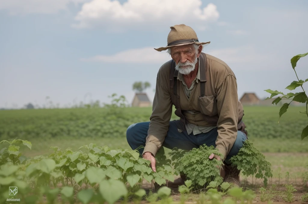 An old farmer in a dystopian future, struggling to produce food on the farm, Controlled by large corporations, We have to deal with chemical pesticides and a lack of natural resources, Dreaming of simpler, more sustainable times.