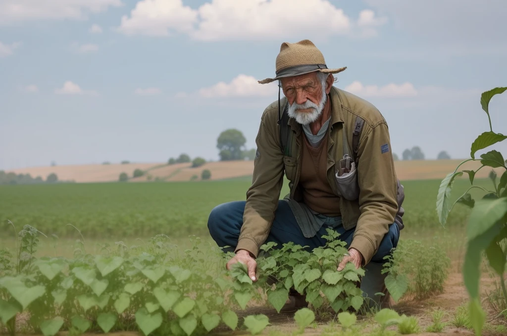 An old farmer in a dystopian future, struggling to produce food on the farm, Controlled by large corporations, We have to deal with chemical pesticides and a lack of natural resources, Dreaming of simpler, more sustainable times.