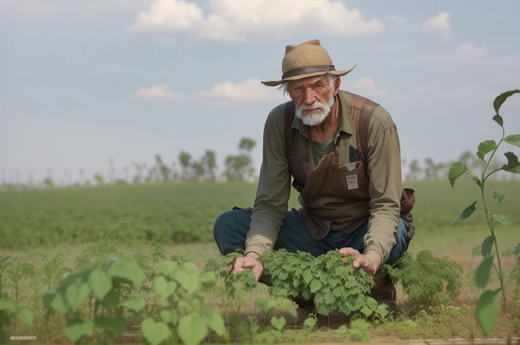 An old farmer in a dystopian future, struggling to produce food on the farm, Controlled by large corporations, We have to deal with chemical pesticides and a lack of natural resources, Dreaming of simpler, more sustainable times.