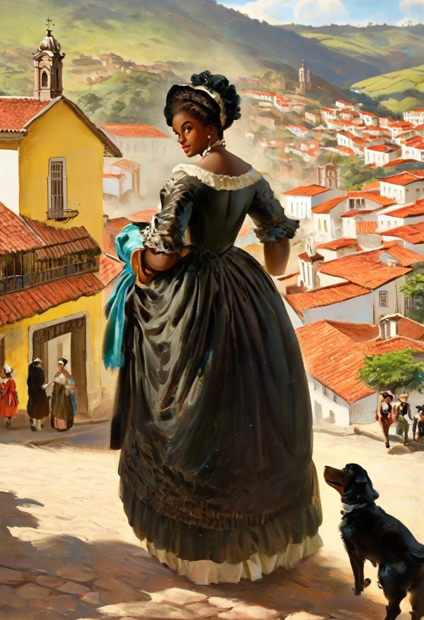 18th century 1760 black beautiful lady walking on the city of Ouro Preto, a man looking at her