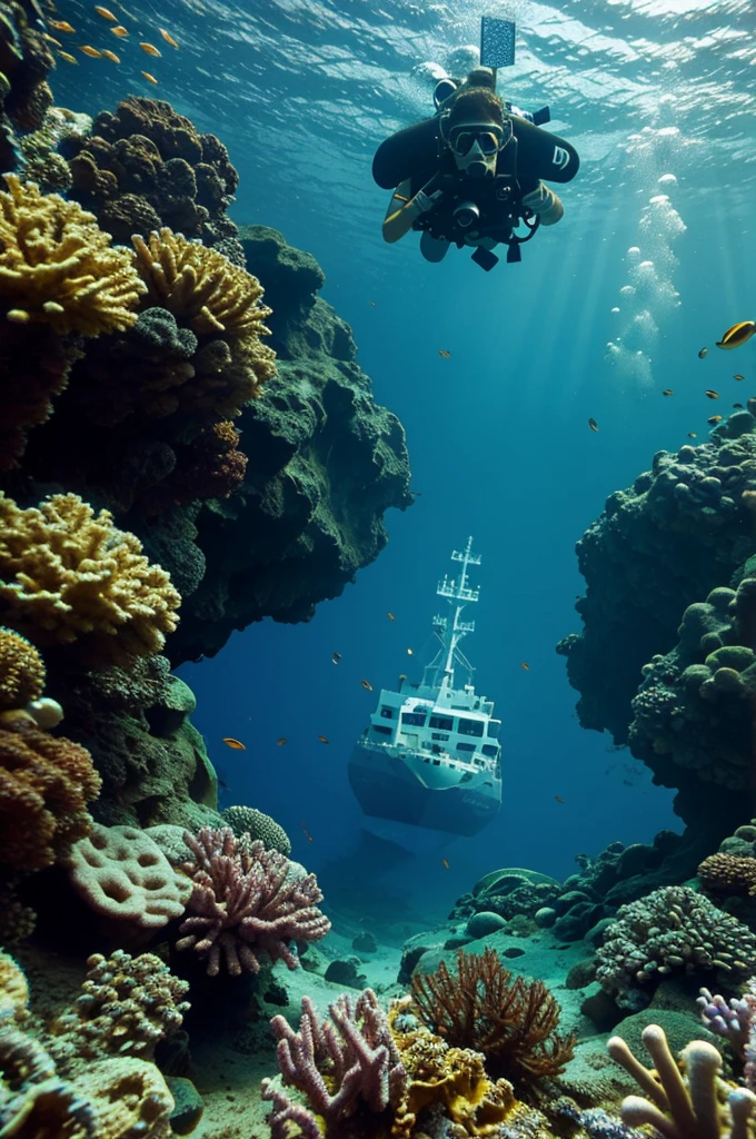 Underwater image with Israeli cargo ship and sunken treasure. There are many divers who come to visit.