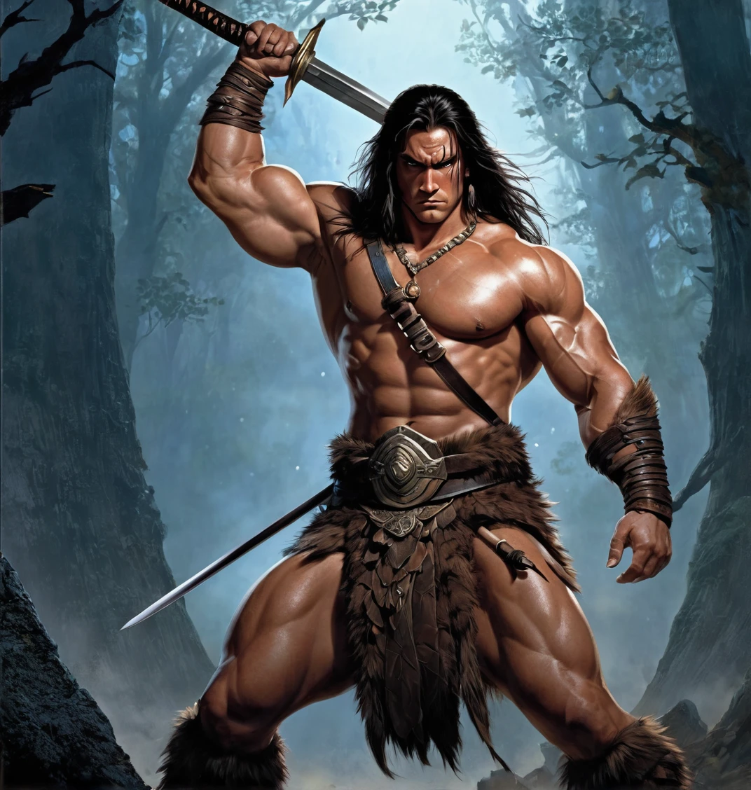 epic fantasy art, super fine illustration, high resolution, super verbose, work of art, 1 men, barbarian, Conan the barbarian, standing alone, grown-up, mellow, tall muscular man, broadshouldered, (((good looking:1.5))), long messy hair, Bblack hair, ((beautiful detailed brown eyes:1.5)), squared chin, thick neck, Thick eyebrows, the night view of the dark forest background, g-string, obi sword belt, animal fang necklace, iron ring, holding the sword, struggling pose,