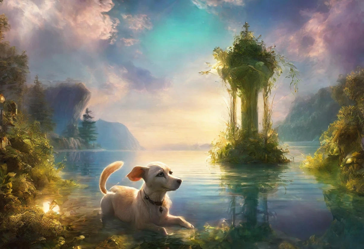 High-quality illustrations, wallpaper, summer, lake, dawn, forest, detailed forest, clouds, masterpiece, cinematic, soft light, depth of field, ray tracing, reflection in water, realism, ultra detailed, nymph, fairy, Mysterious and romantic atmosphere, luxurious embellishments, intricate details(surrounded cistern, transparent aquarium, caustics surface)(reflecting, refraction, polarization:1.2)(highly detailed beautiful face and eyes)absurdres, perfect anatomy(handsome 1boy, kemono, solo focus)(furry)(furry anthro:1.7)(Furry body, dog facial features, dog body features)(very detailed body fur)fragility, reflections in mirrors and water surfaces, realistic visual effects, soft and delicate color palette, dramatic composition,