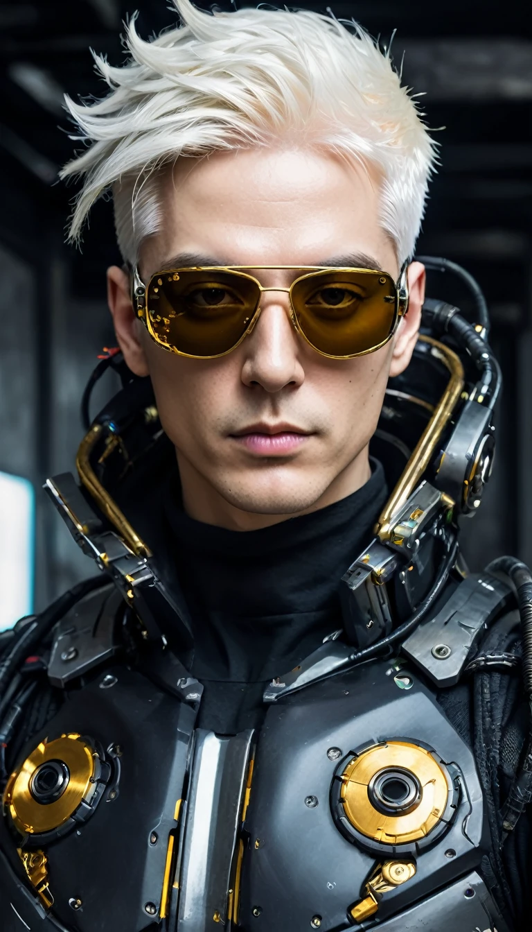 um close up de um homem robô, black sunglasses, Golden hood on head and white hair, calvo, portrait of an android, dark cyberpunk illustration, portrait of a cyberpunk cyborg, portrait of a space cyborg, detailed portrait of a cyborg, cyberpunk artstyle, portrait of a cyberpunk machine, portrait of a cyberpunk man, deep cyberpunk mechanoid, psychedelic organic cyborg